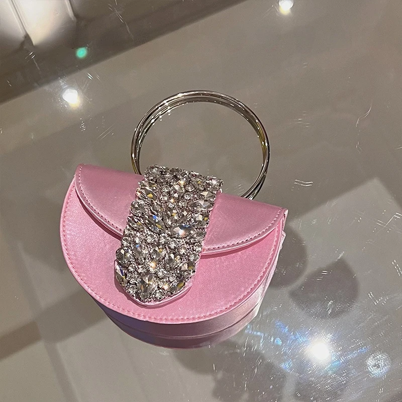 Borse da donna in raso di cristallo scintillante Designer Luxury Diamond Pink Evening Diamonds Ring Clutch borse festa di nozze Trendy