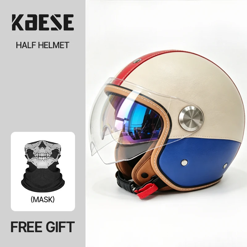 KAESE New Style 3/4 Open Face Motorcycle Helmet Dual Visor Red White Blue Color Block Leather Look High-density ABS Shell