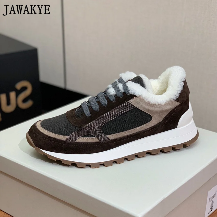 New Suede Wool Flat Sneakers Women Thick Sole Leather Lace Up Trainers Shoes Autumn Causal Party Daily Vacation Walking Shoes