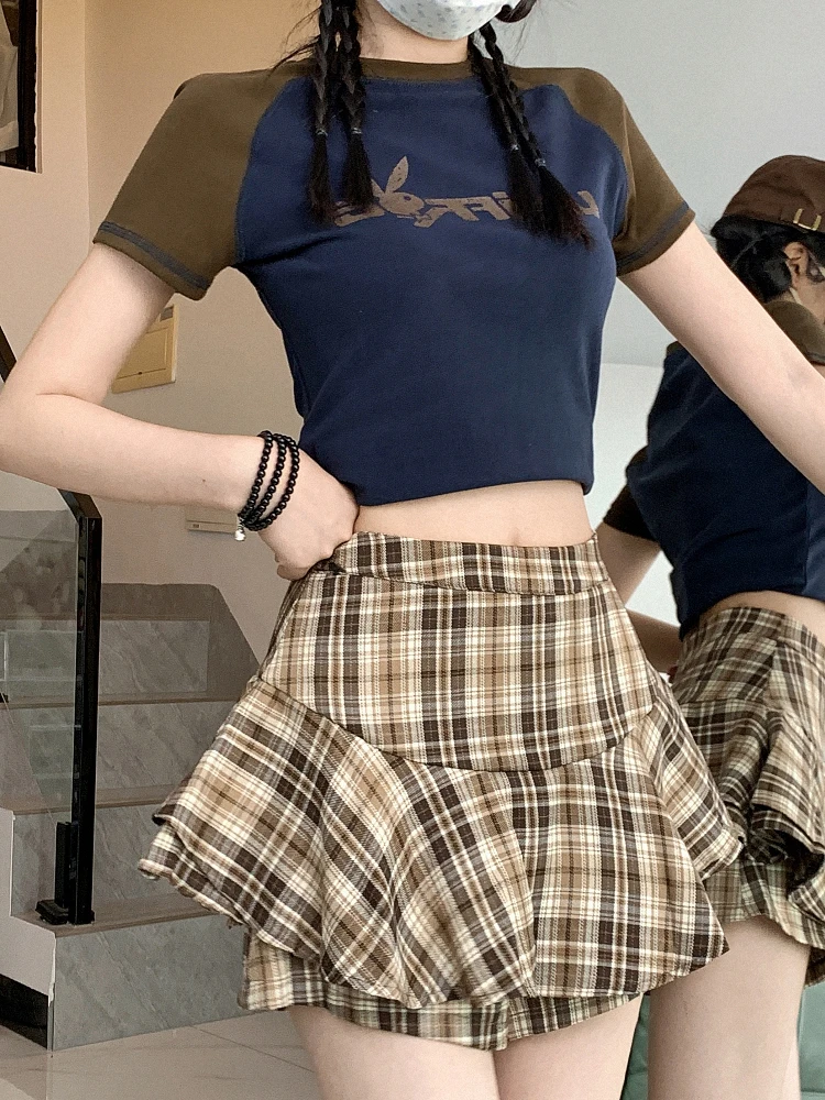 

Sonneesd Summer Streetwear Academic Style Mini Skirt High Waist Loose Contrasting Colors A-Line Vintage Pleated Plaid Skirt