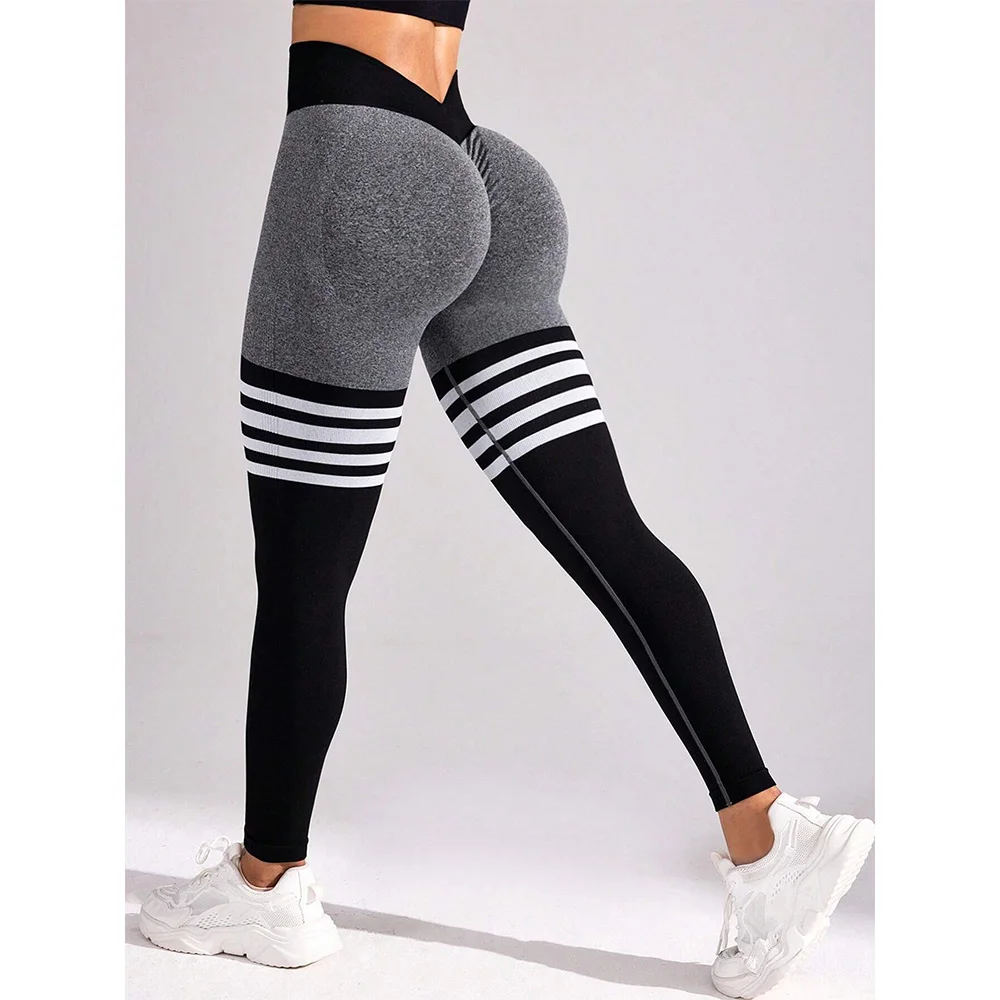 

Women Seamless Stripe Yoga Leggings Sexy High Waist Tummy Control Scrunch Butt Lifting GYM Workout Pants Outdoors Sports Fitness