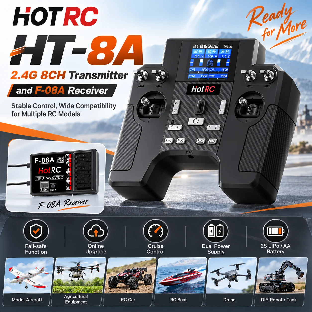 Hotrc HT-8A 2.4G 8CH Transmitter Control with F-08A Receiver Color Screen Radio System for RC Aircraft Car Ship Tank Robot Parts
