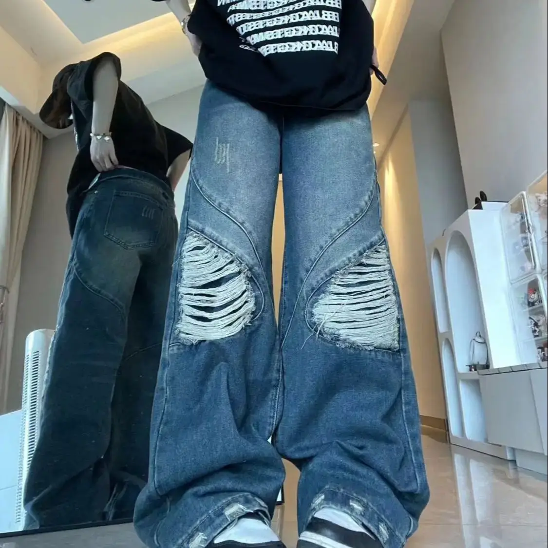 

American Retro Beggar Ripped Jeans Women Autumn High Street Design High Waist Straight Loose Draped Wide-Leg Pants