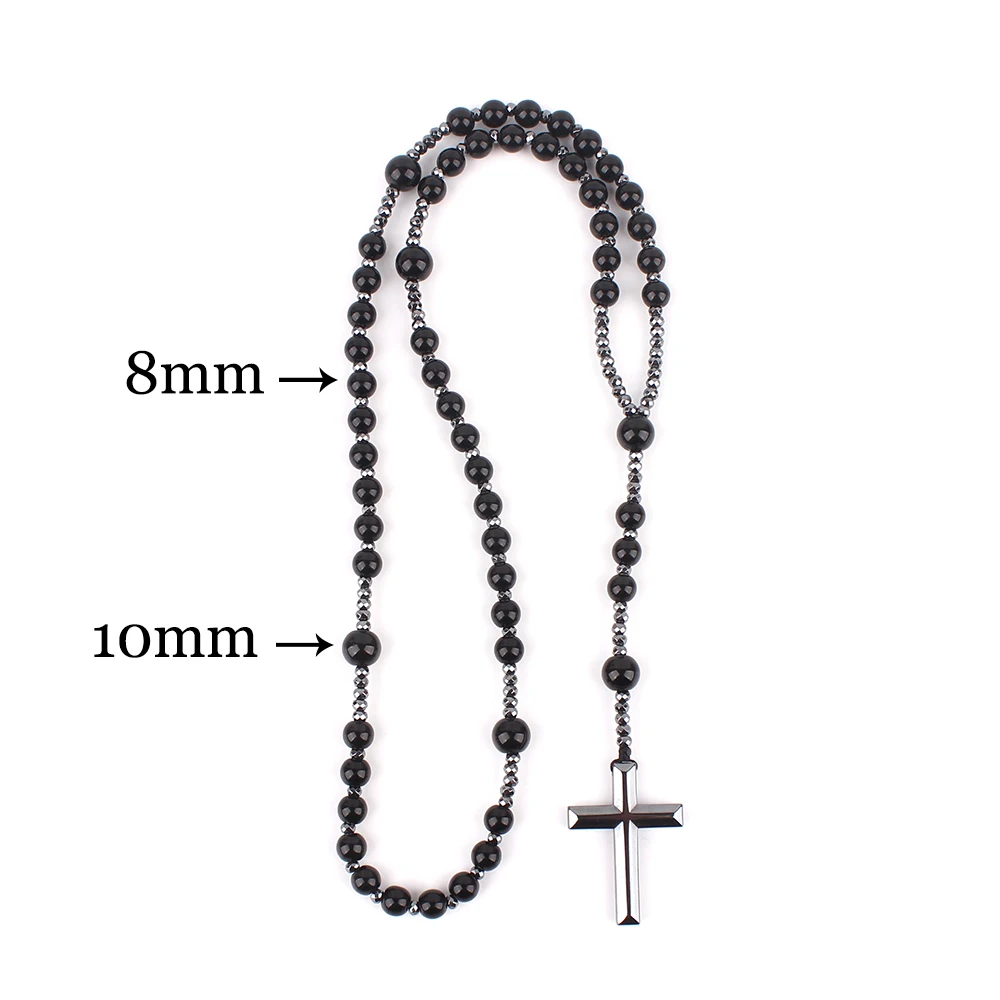 Natural Stone Black Round Beads Long Y Necklace with Hematite Cross Pendant Jewelry for Men and Women