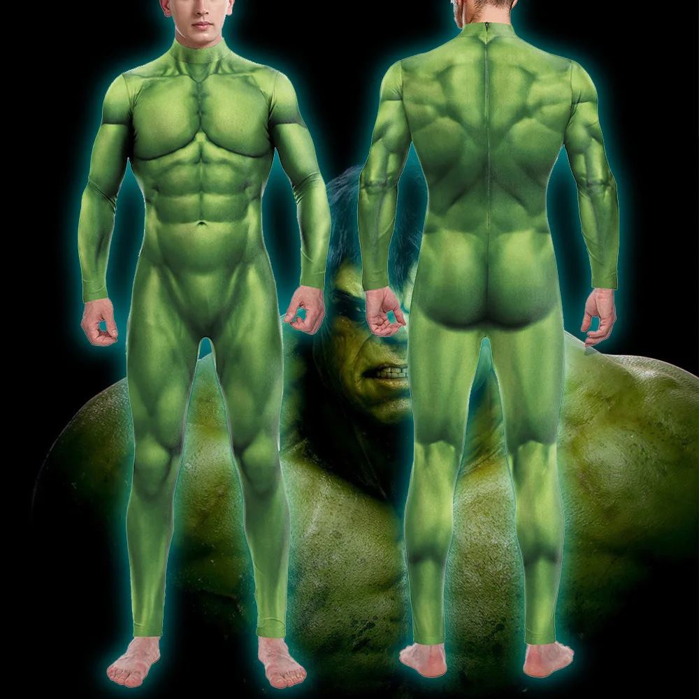 Disfraz de Halloween, Carnaval, Purim, Mono Verde con Estampado Muscular 3D, Traje de Spandex Zentai para Hombre y Mujer, Ropa para Fiestas