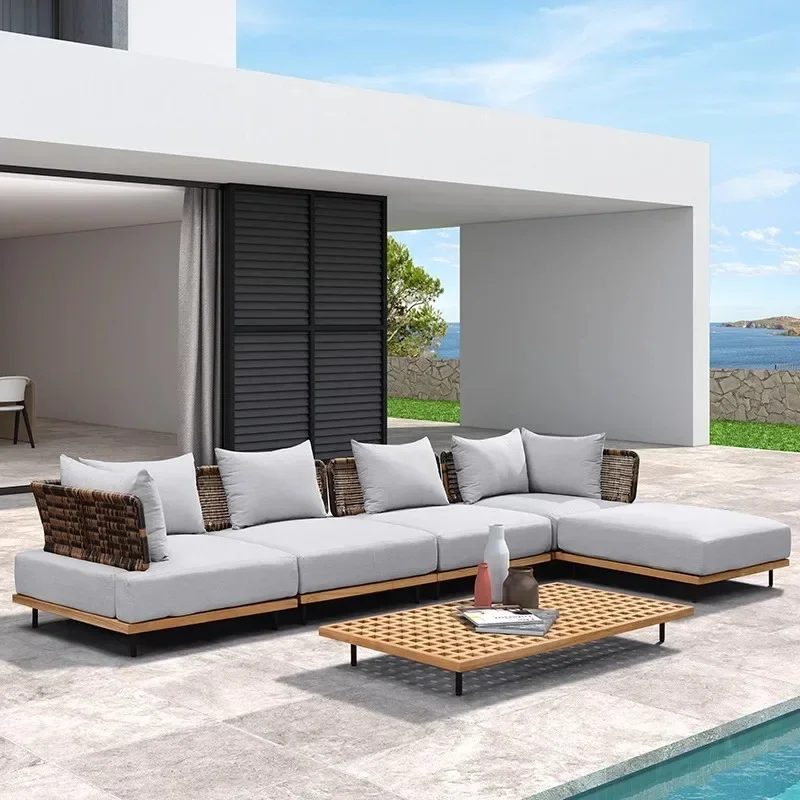 Outdoor Garden Sofa Combination Nordic Villa Hotel Garden Furniture Solid Wood Waterproof Sunscreen Rattan Teak Sofa
