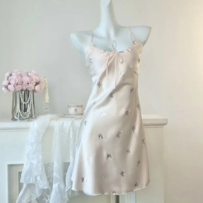 

Ice Silk Chest Pad Butterfly Suspender Silver Butterfly Nightdress Summer Pajamas Sexy Loungewear New Nightdress with Chest Pad
