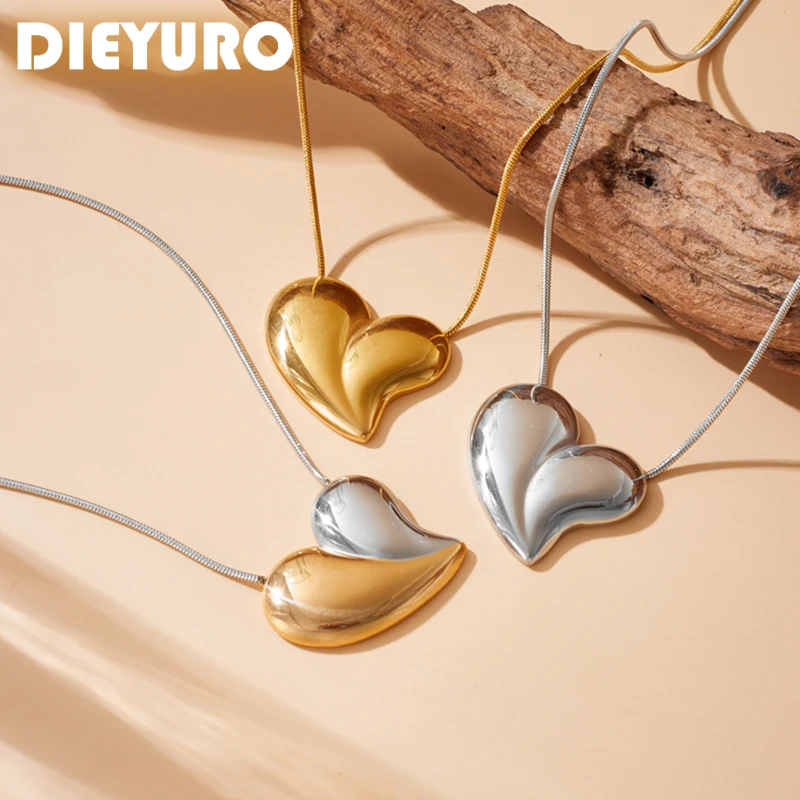 DIEYURO 316L Stainless Steel Simplicity Golden Heart Necklace For Women Men New Fashion Lady Gift Love Rope Chain Chain Jewelry