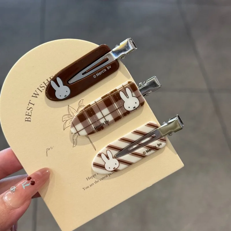 Miffy cartoon hairpin high color value cute girl heart creative sweet fresh simple curry color check broken hair bangs clip 3pcs
