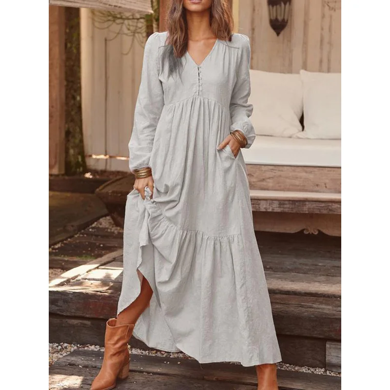 Polychrome Autumn and Winter 2023 Women's Clothing V-Neck Button Cotton Linen Retro Casual Long Sleeves Large Swing Long Dresses