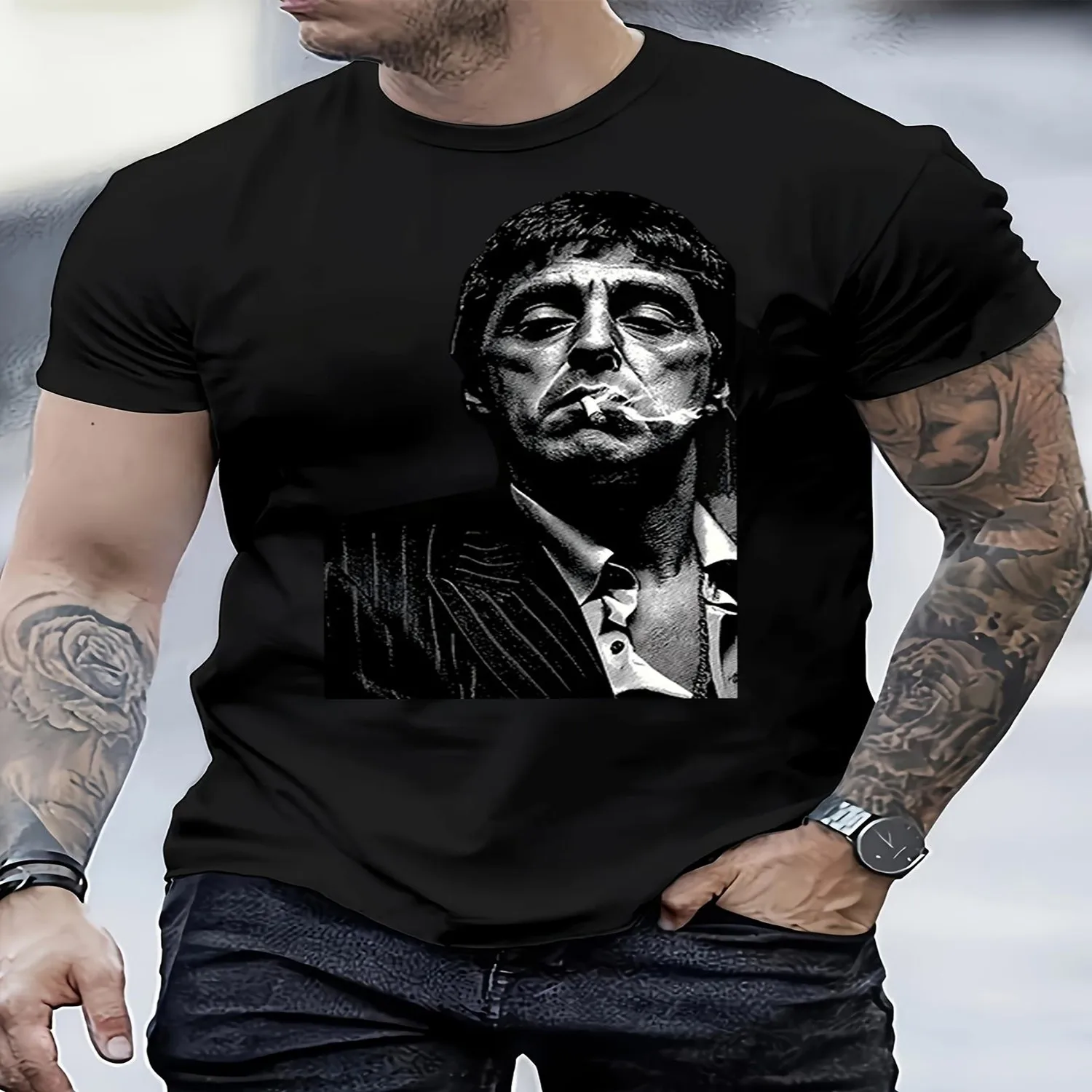 Local store men's shirt featuring a portrait of a smoker in white and black, with gangster prints High-quality crew neck T-shirt, same design for both men and women 100% cotton t shirt, Gift tshirt