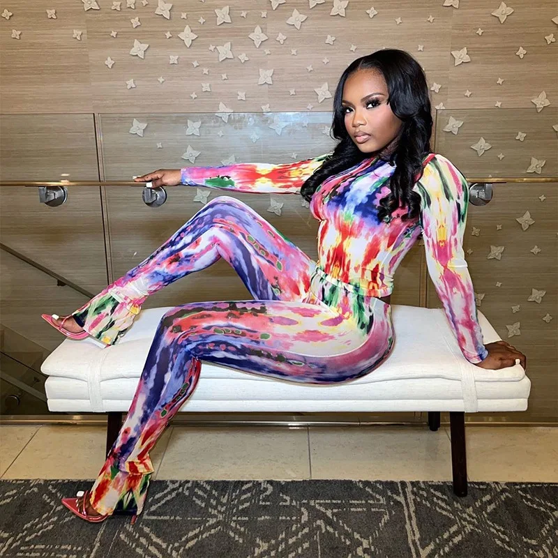 

Woman 2pcs Mesh Suit Tie Dye Floral Printed Long Sleeve O Neck T-shirt Wide Leg Pant Tracksuit S-l