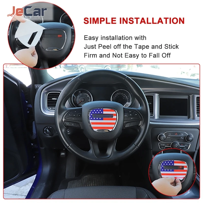 JeCar Car Steering Wheel Center Decoration Stickers America Flag Decals For Dodge Challenger /Charger 2015 Up Car Accessories