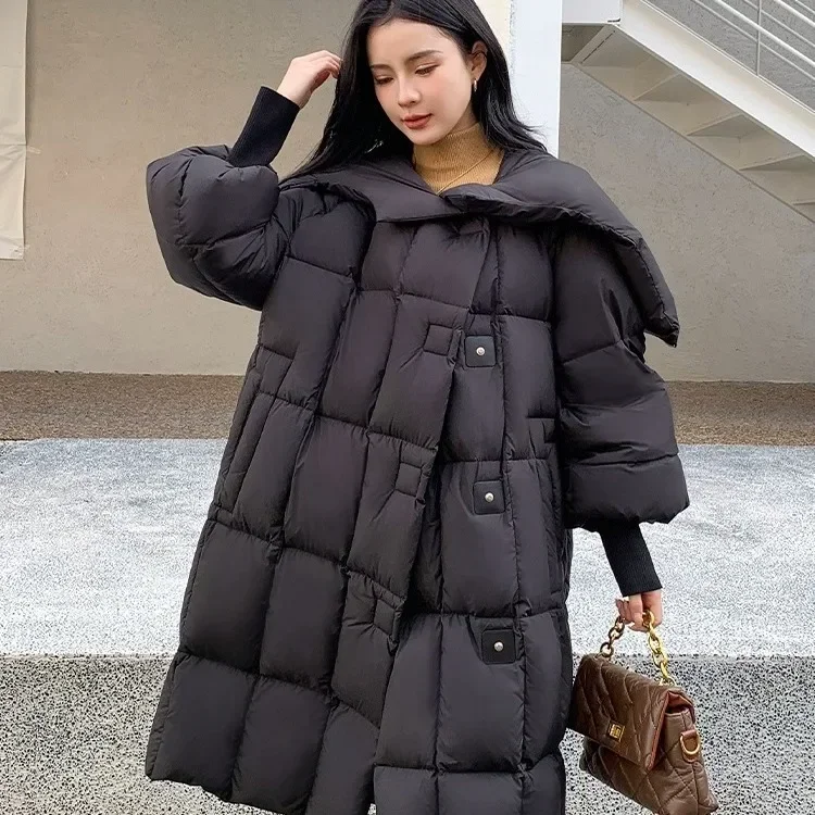 Winter New White Duck Down Down Coat Women Long Solid Windproof Hood Loose Warm Single Breasted Casual Coat