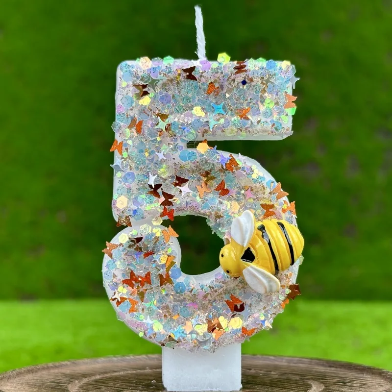 Little Bee Theme Birthday Number 5 Candles Theme Birthday Candles for Cake Numeral Candle Cake Topper with Sequins for Birthday