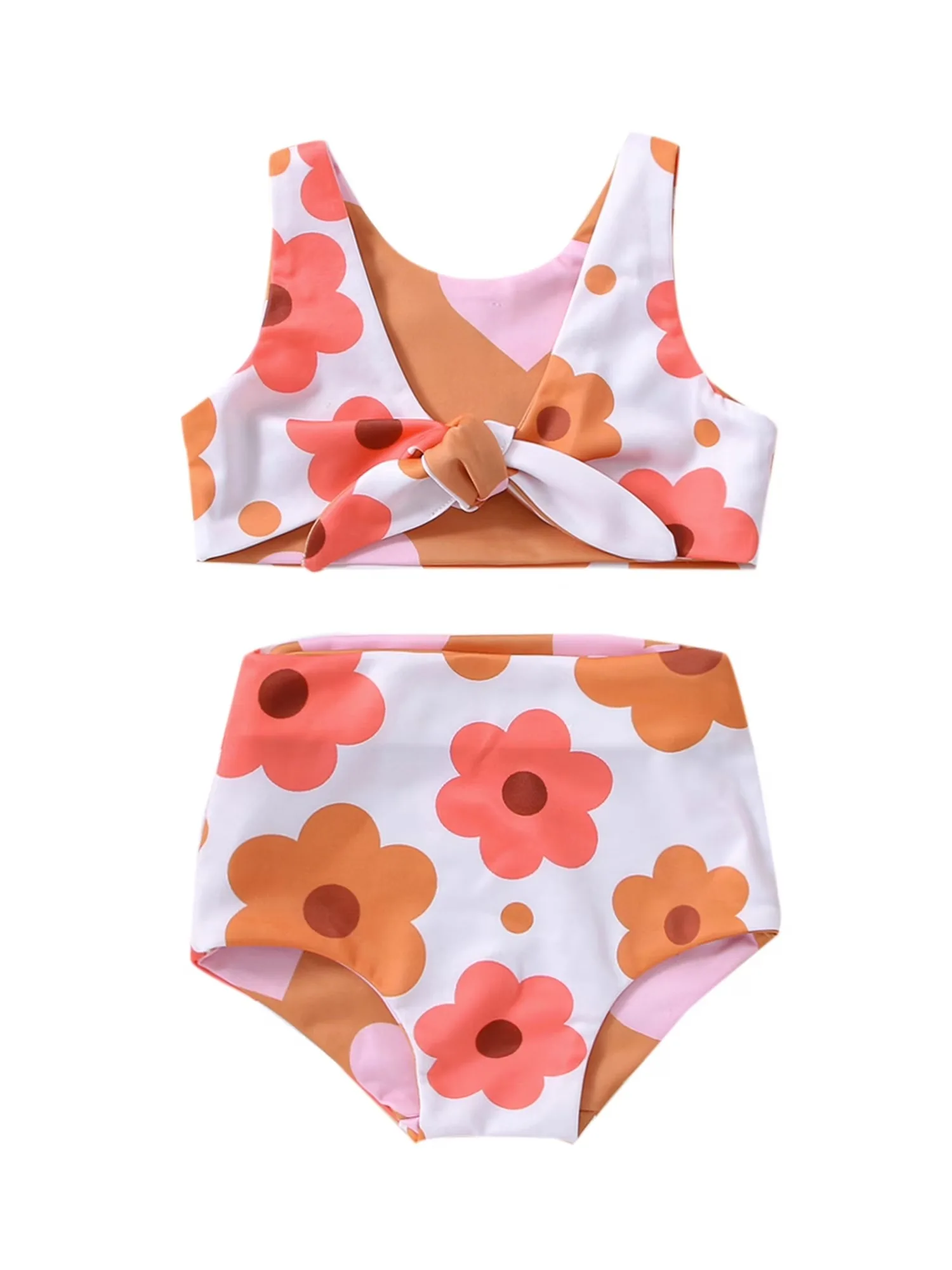 Toddler Baby Girls Swimsuits 2 Piece Bikinis Set Flower Print Sleeveless Tops + Briefs 2T 3T 4T Kids Swimwear Bathing Suit Beach