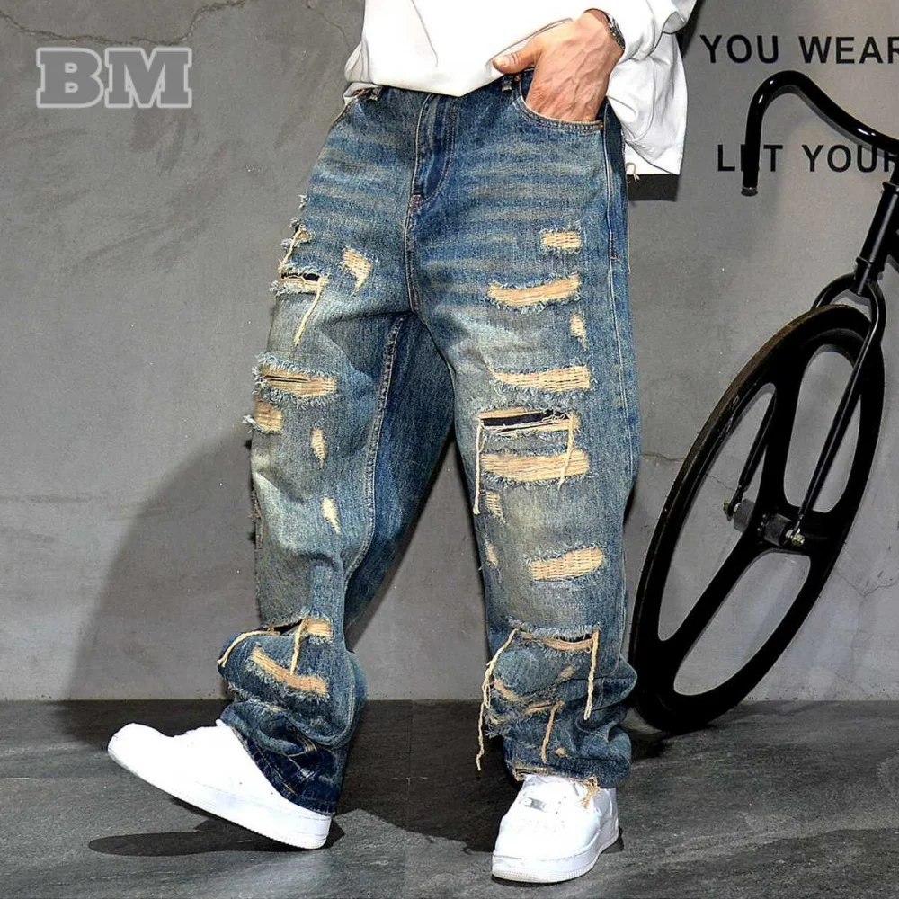 American Streetwear Hand Sewn Patch Ripped Jeans For Men Skateboard Baggy Denim Straight Leg Pants Harajuku Fashion Trousers