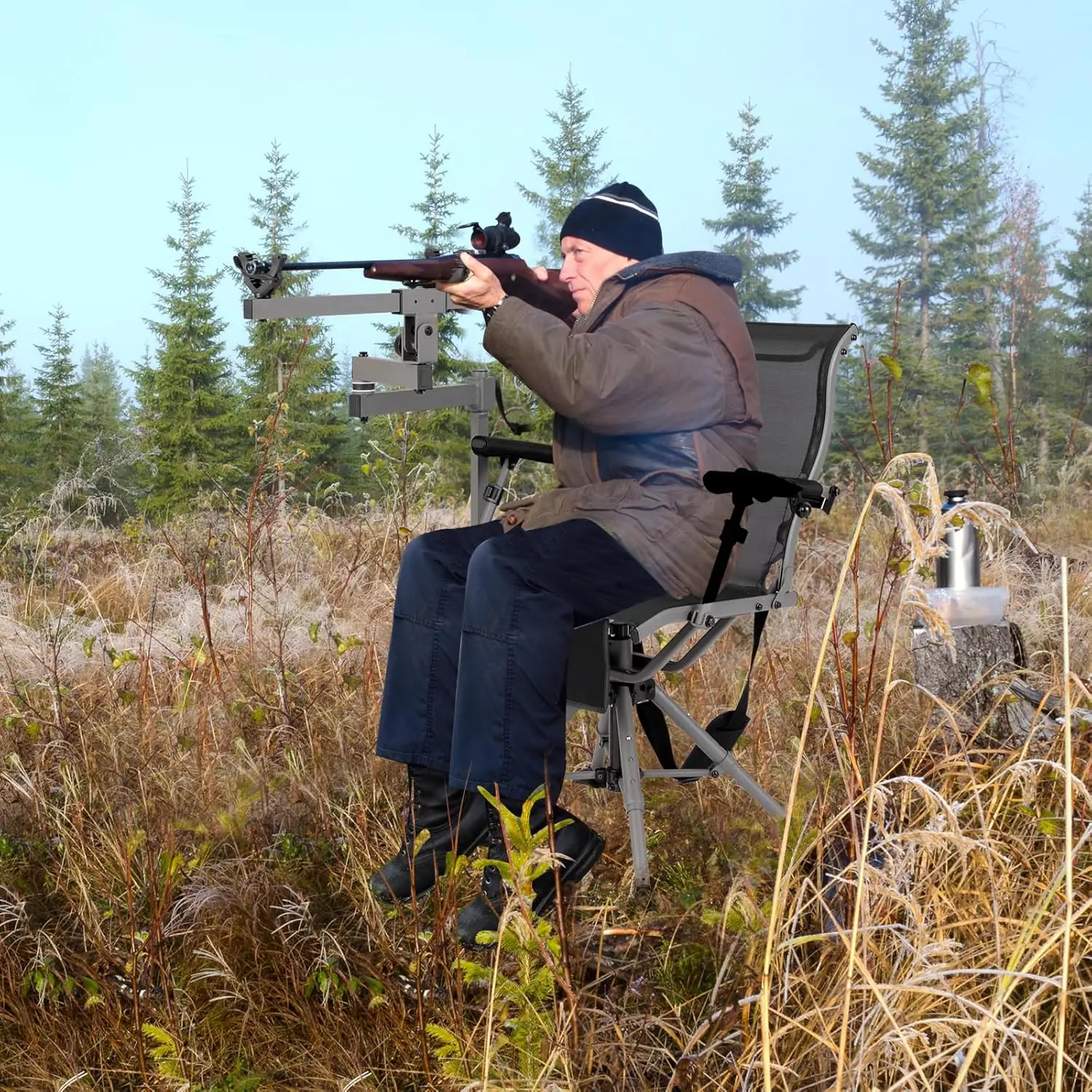 Giantex 360° Swivel Hunting Chair with Gun Rest, Adjustable Armrests, Telescopic Legs, All-Terrain Duck Feet, Shoulder Strap, 33