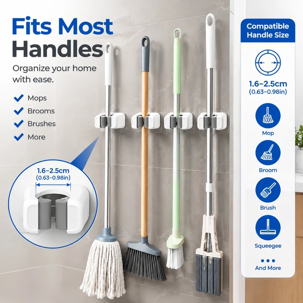 2 Piece Wall Mount Broom Holder No Screw Installation Vertical Mop Organizer for Kitchen Bathroom Utility Closet