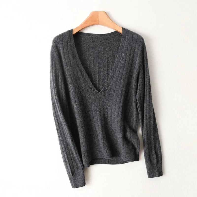 Трикотаж пуловера из 100% шерсти с глубоким V-образным вырезом и широкими полосками, элегантный и стильный выбор для женщин