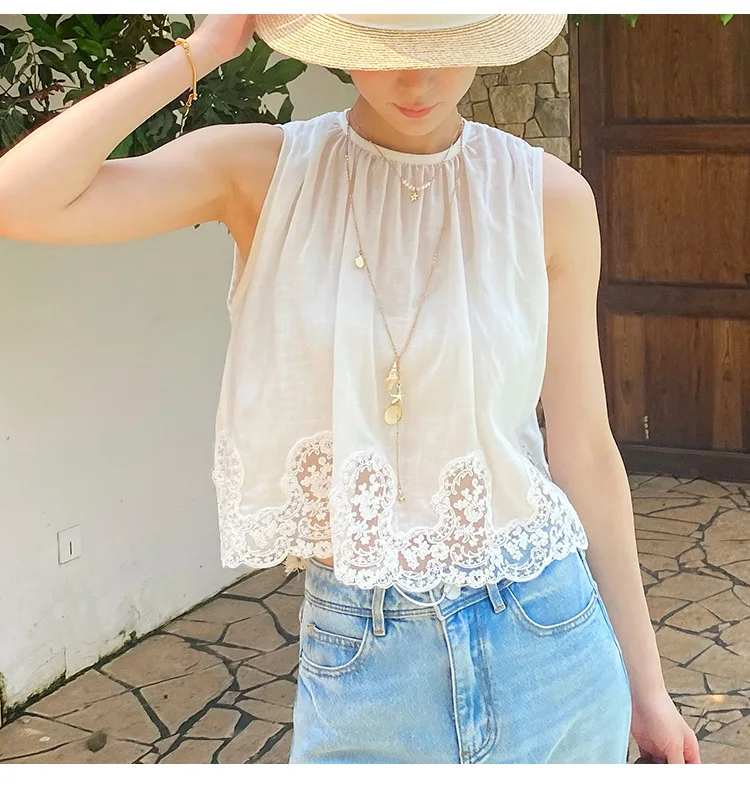 

French Style Lace Embroidery Tank Blouse Shirt Women Sleeveless Hollow Out White Loose Summer Casual Ladies Sexy Vacation Tops
