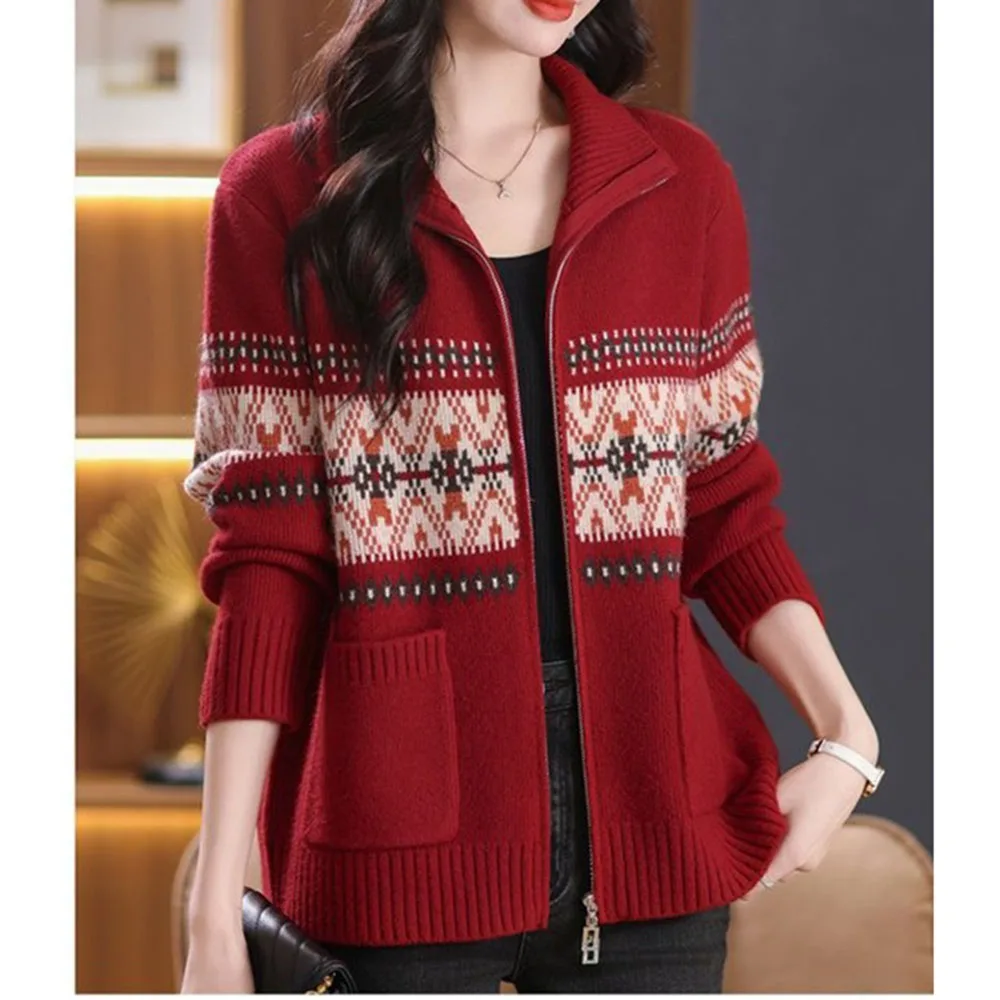 

Свободный жаккардовый вязаный кардиган одного цвета, женский осенне-зимний новый свободный вязаный свитер с длинными рукавами, куртка, женский свитер