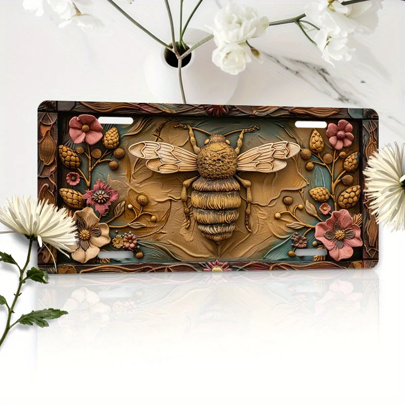 [JIT] A 6x12-inch (15.2x30.5cm) Aluminum Car License Plate - Lovely Large Bee and Floral Design, Vivid Colors, Durable and Wear-