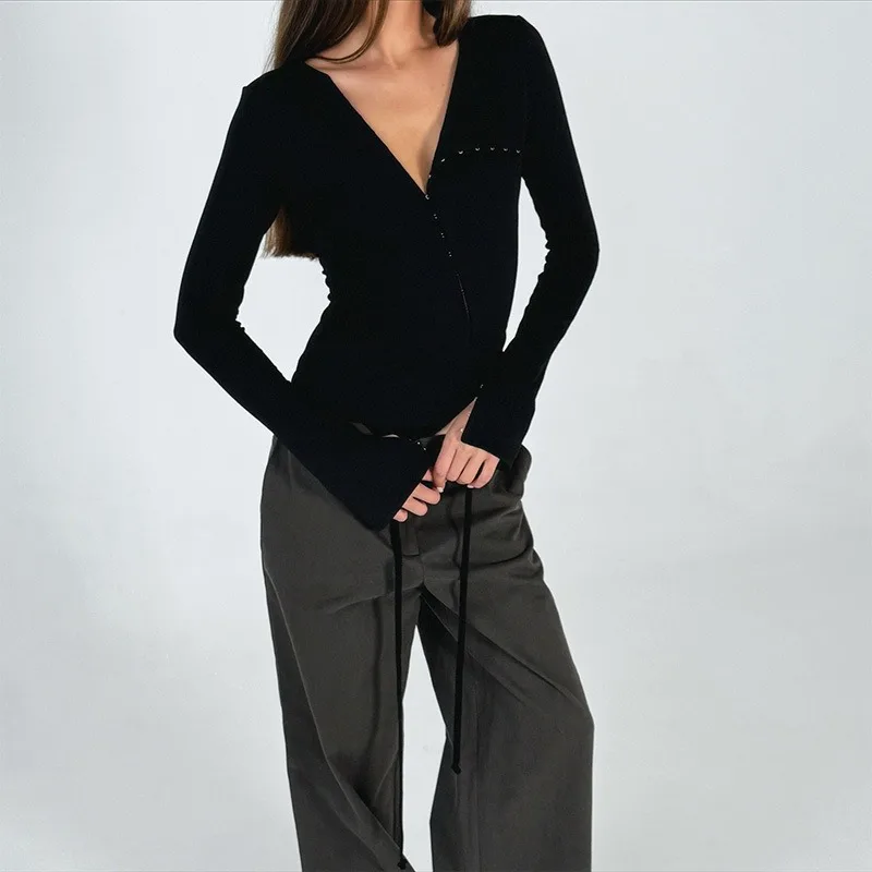 Talenza Black Hollow Out Top Fashion Sexy Asymmetric Pullover Long-Sleeve Top Solid Hot Girl Party Slim Spring Autumn Women Tops