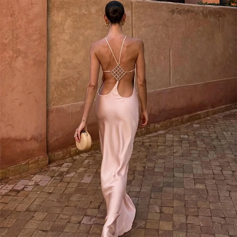 Khaki Satin Prom Dress Sexy Stripe Sleeveless Backless Long Sheath Party Gown Formal Wedding Guest Birthday Evening Robe