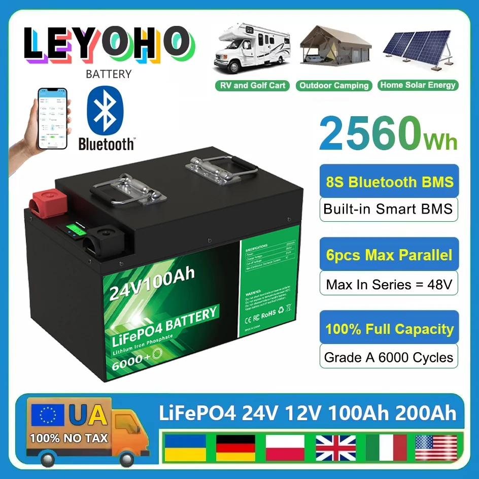 

24V 100Ah LiFePO4 Battery 2560Wh Bluetooth 8S 100A BMS 6000 Cycle 12V 100Ah 200Ah Solar Energy Lithium Battery Pack EU UA NO TAX