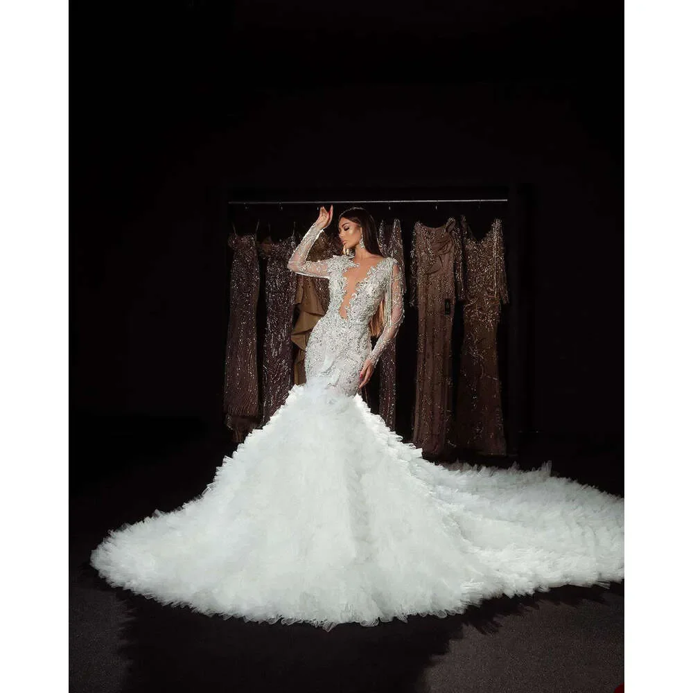 Luxury Mermaid 3D Crystal Bead Decoration Women's Wedding Dress Sexy Deep V-Neck Ball Bride Dress Robe De Mariage Customized