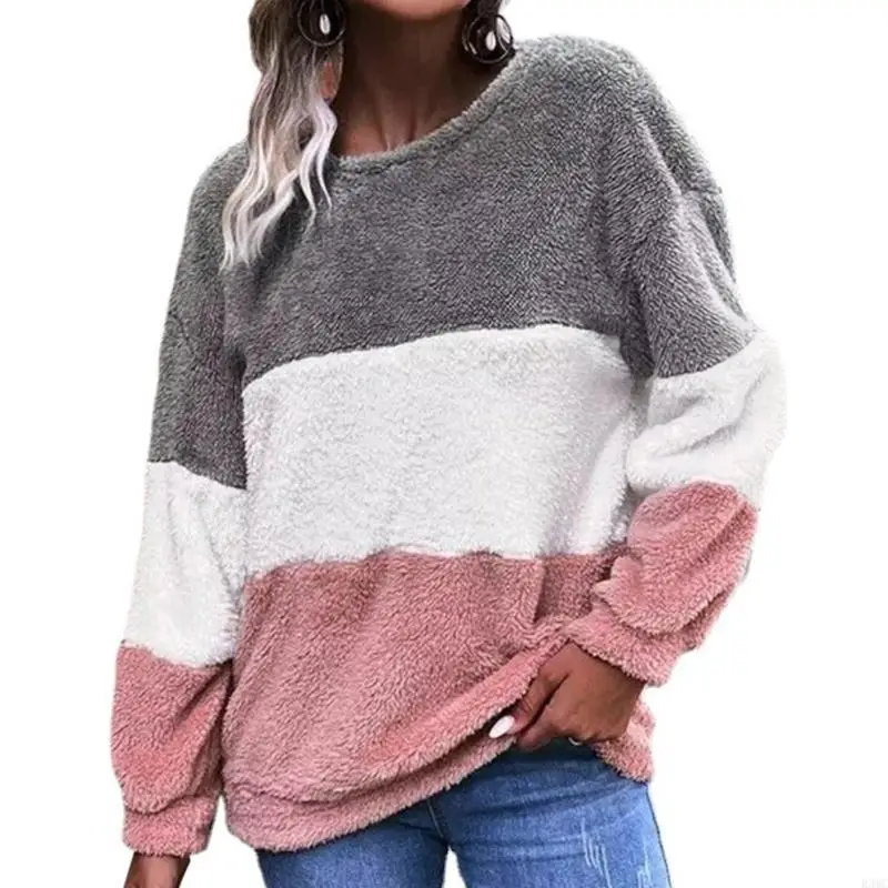 R3MC Sweat-shirt à manches longues col rond pour Pull en polaire rayé