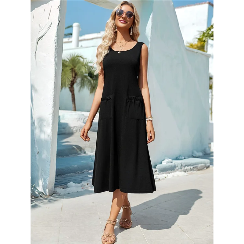 AOAO-Women's Summer Sleeveless Floral Beach Crewneck High Waist A-Line Midi Tank Dresses With Pockets