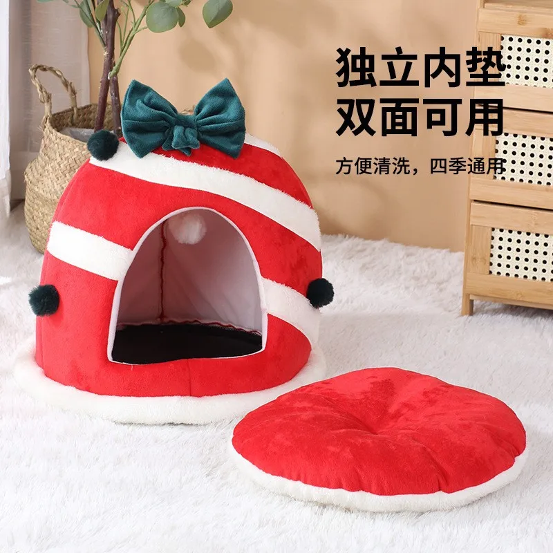 Christmas Gift Box Cat Litter Winter Warm All-Season Cat Bed Cat Litter Winter Enclosed Cat House Pet Litter Warm Soft Bed