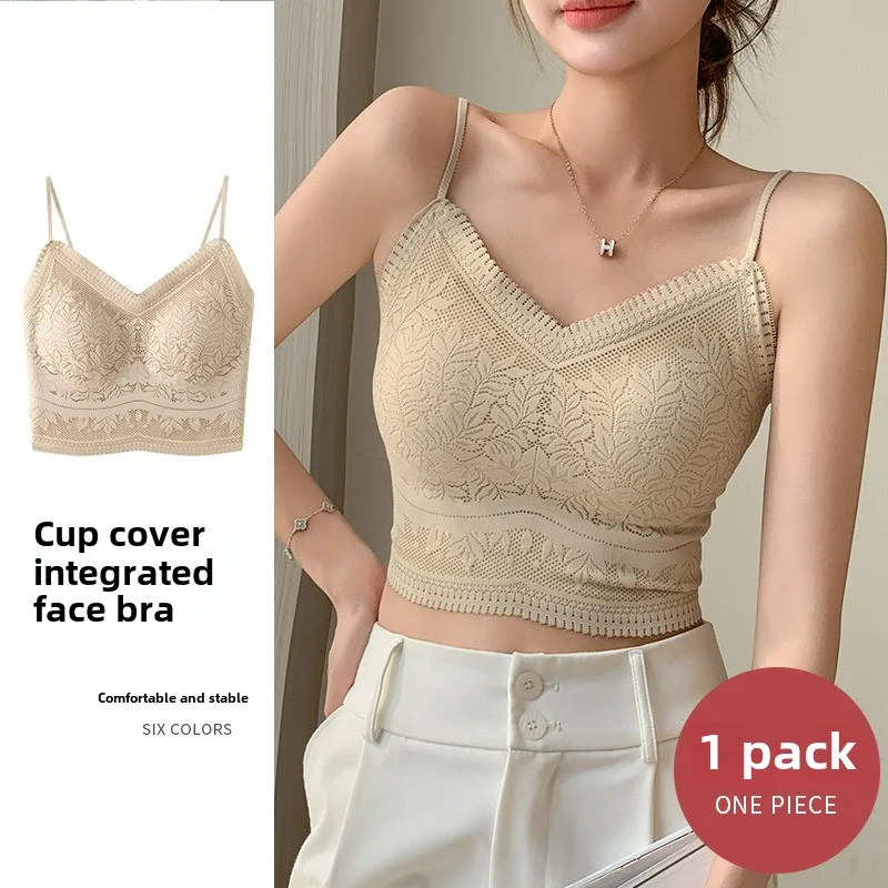 The New Women's Lace Vest with Seamless Small Halter Wrap Chest Seamless Underwear One Cup Anti-slip Bra Y2k Top Tank Top Halter