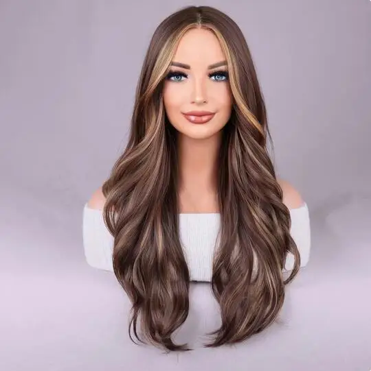 

Long Mixed Brown Highlights Wavy Wig for Women Natural Synthetic Curly Wig Heat Resistant Fiber Wig for Everyday Wear