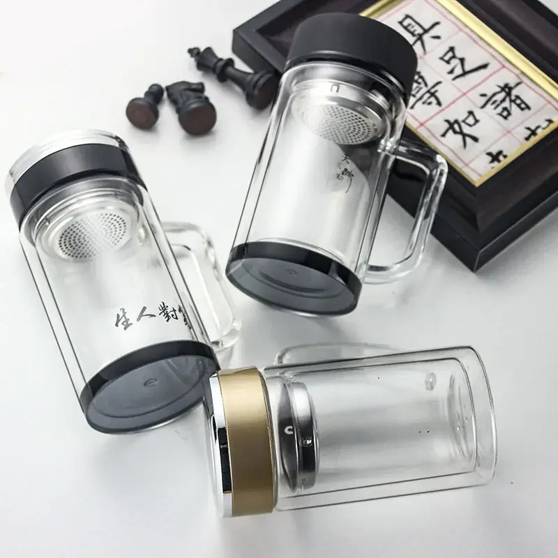 Double Glass Teacup Male Water Glass with Strainer Large Capacity Cup Office Tea Cup Insulation Pot Vacuum Kettle Thermos