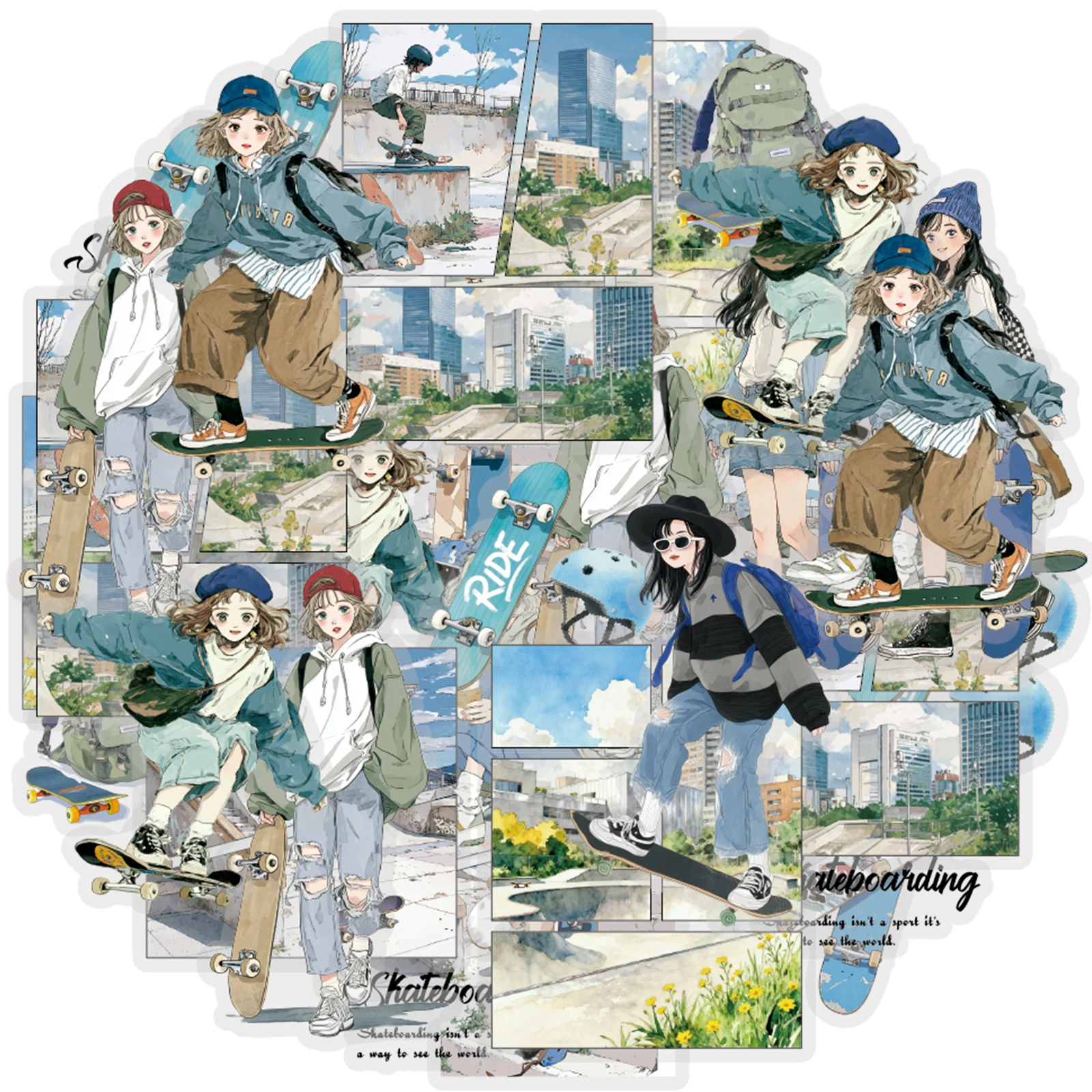 Etori Life Skateboarding Time 30Pcs City Skatepark Stickers Street Cool Skateboarder Decoration Stickers for Laptop, Phone Stickers, Suitcase, Skateboard, Photo Album, Scrapbooking Supplies, Children's Gift Paper Bag, School Supplies, DIY Crafts, Toy Stickers, Gift for Friends