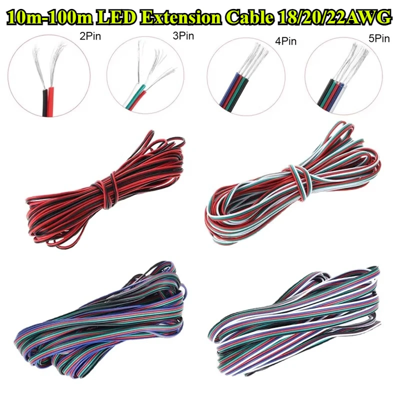 10m-100m 22AWG 20AWG 18AWG 2/3/4/5/6Pin Extension Electric Wire 5050 3528 RGB RGBW RGBWW RGBCCT LED Strip Extend Cable Connector