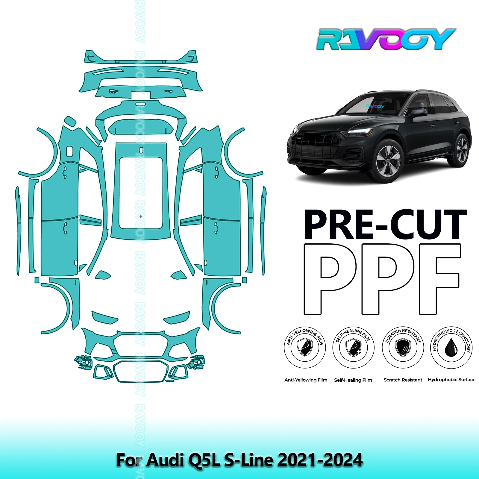 RAVOOY Custom-Fit Precut TPU PPF Full Vehicle Clear Bra Stone Guard EU UK For Audi Q5L S-Line 2021-2024