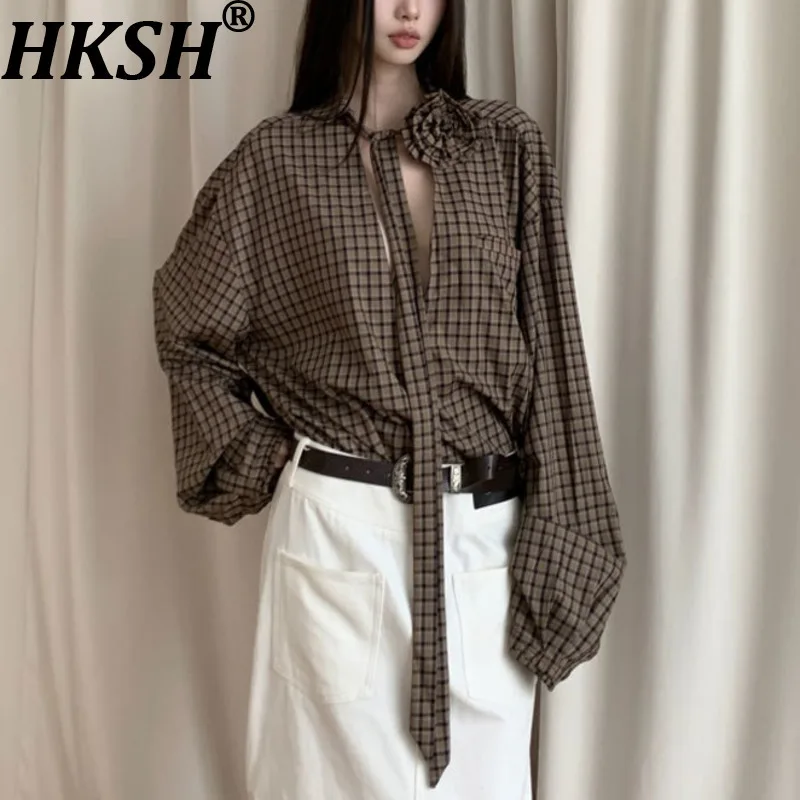 

HKSH Spring Autumn New Women's Plaid Shirt Long Sleeve Ribbon Three-dimensional Flower Versatile Casual Blouse Chic Tops HK15172