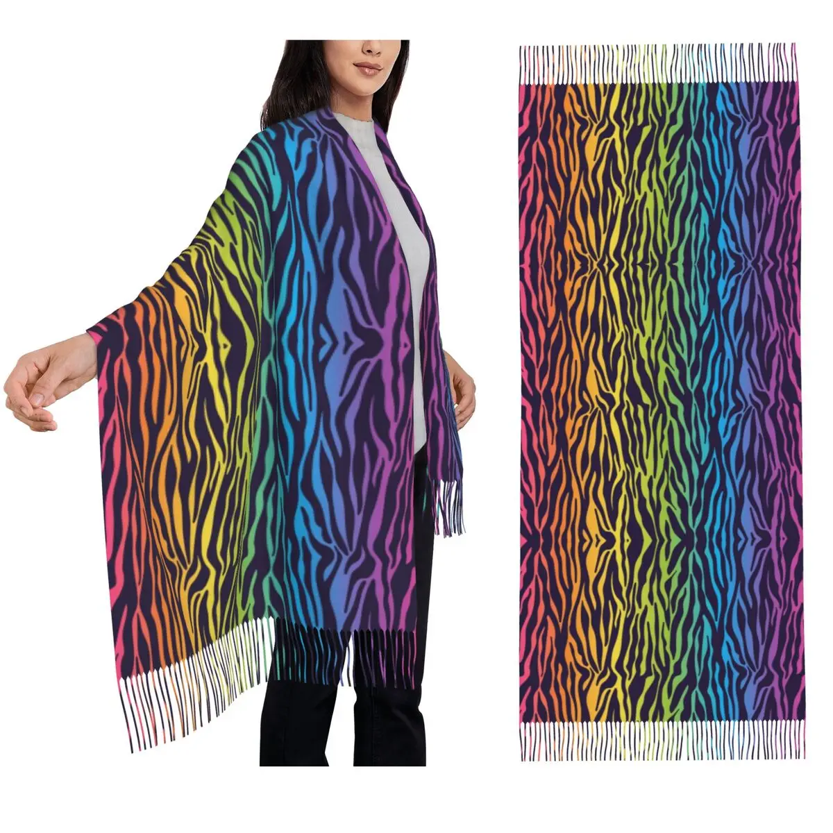 Яркий Радужный шарф с градиентом в полоску зебры, шарфы с кисточками, женские мягкие теплые шали и накидки, длинная осенне-зимняя шаль