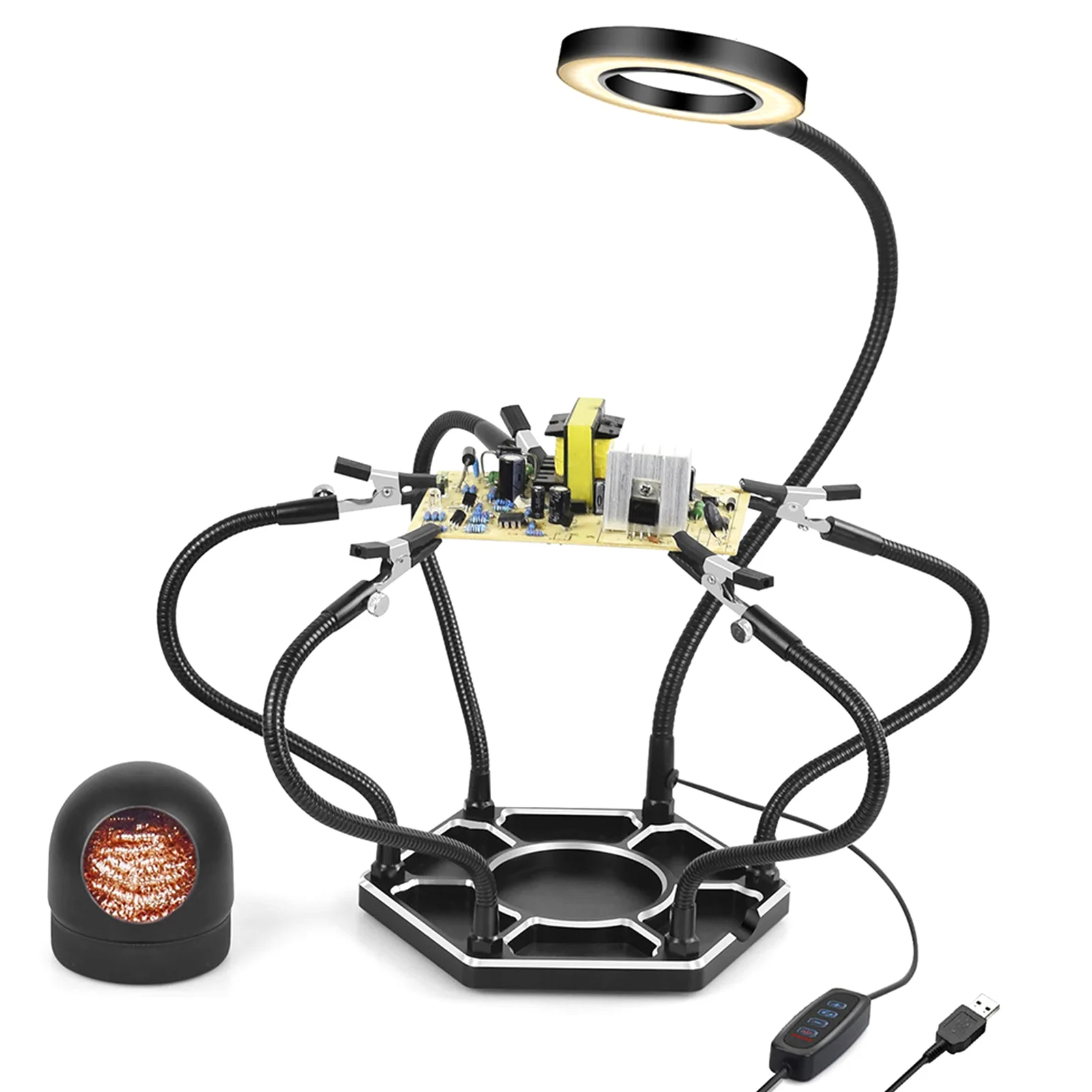 

5Arm Soldering Station Welding Repair Tool with 3X Magnifier LED Light Metal Base and Welding Tip Cleaner Third Helping Hand