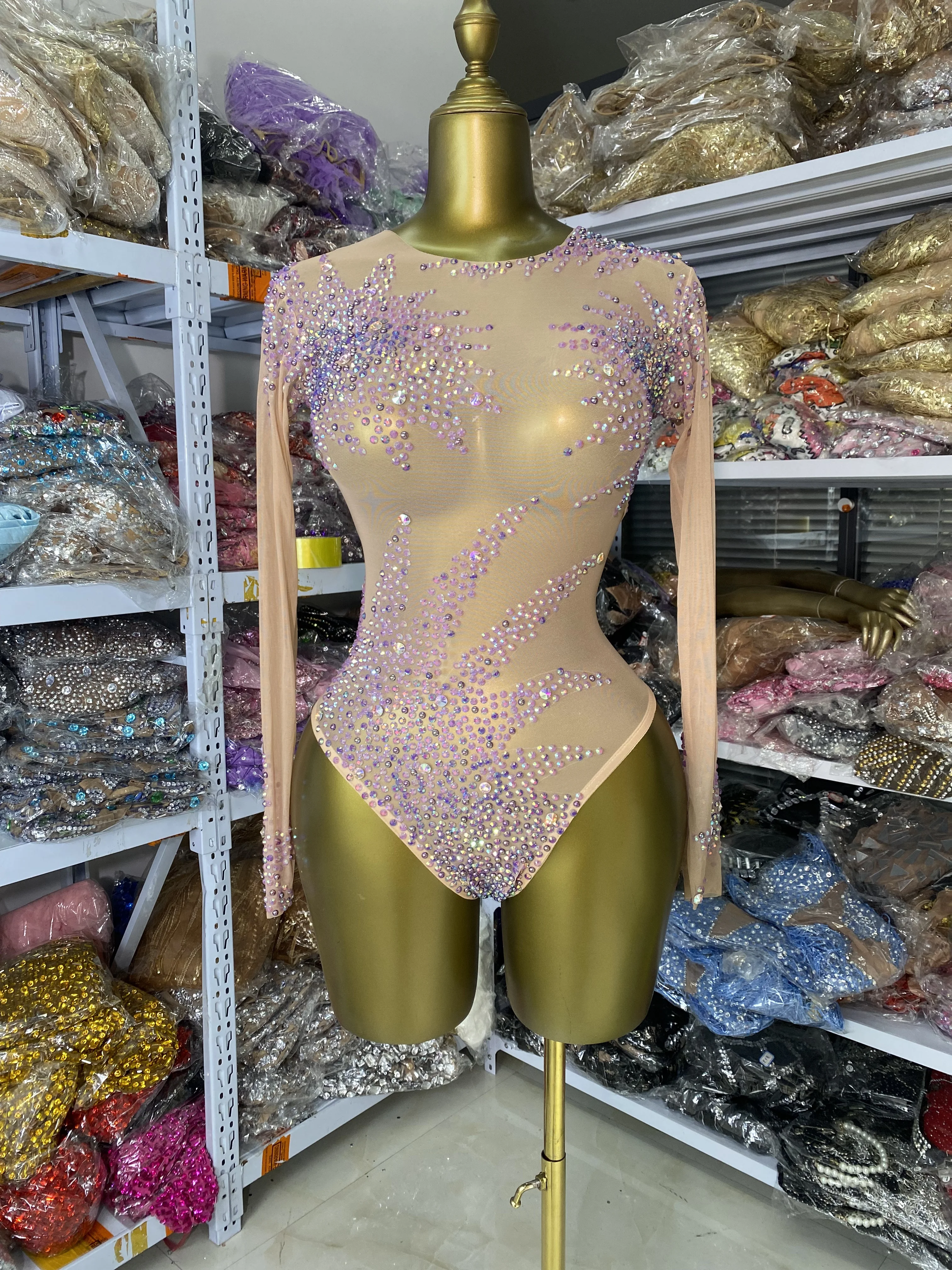 

Sparkly Rhinestones Mesh Transparent Bodysuit Women Special Occassion Long Sleeve O Neck Nightbar Club Gogo Dance Costumes
