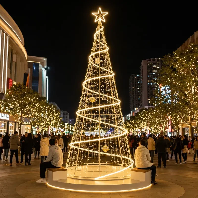 Premium Hotel Entrance Bronze Gold Frame Silver Ball Ornament LED Spiral Tree Motif Light for Christmas Festival Decor