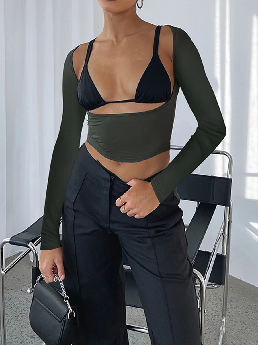 Spring and Summer Women'S Two-Piece Long Sleeved Top Cut Top  Solid Color Round Neck Backless Crop Top Slim Fit T-Shirt