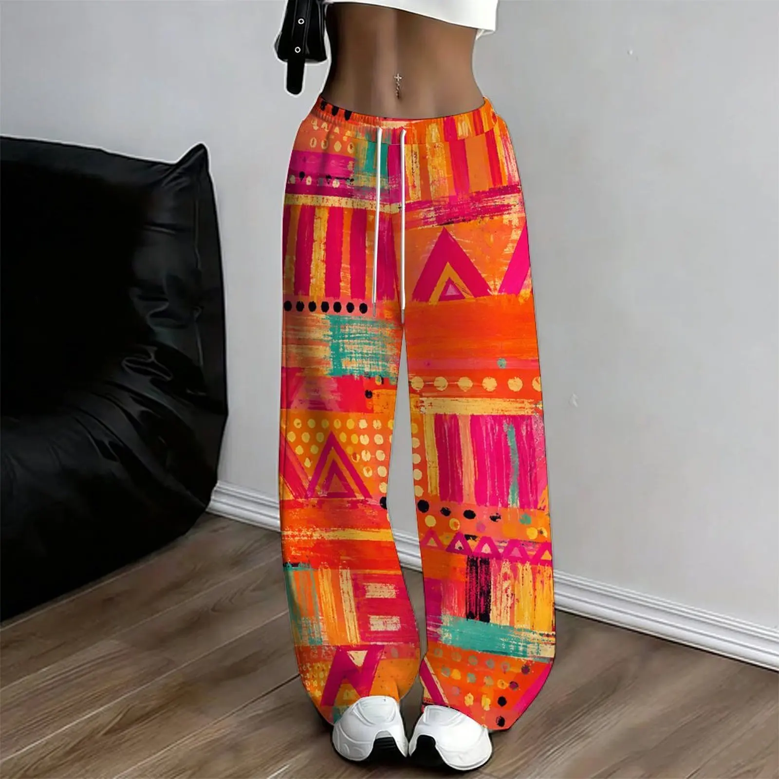 Women Loose Full Length Straight Leg Pants Abstract Geometric Brush Stroke Printed Drawstring Trousers
