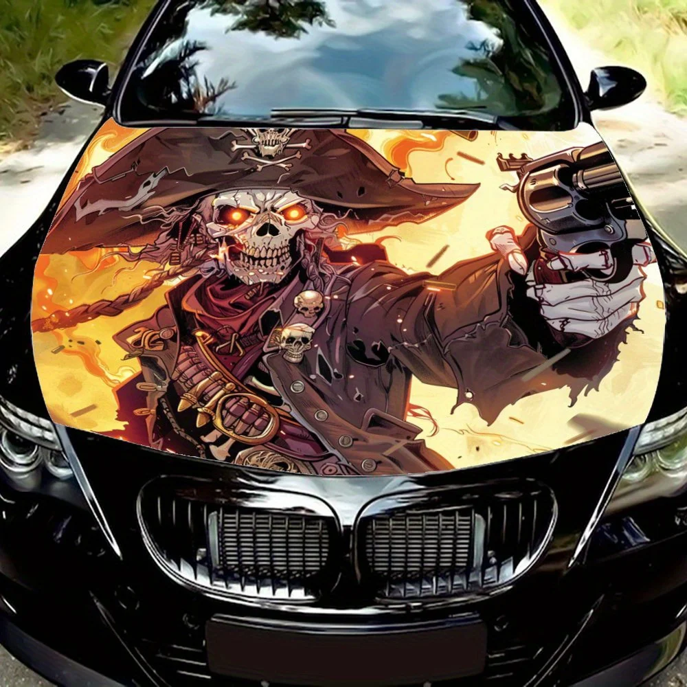 

Skull Pirate Battle Pose Graphics with Fire Element Infused Car Vinyl Wraps, Vinyl Car Hood Graphics, Create a Wild