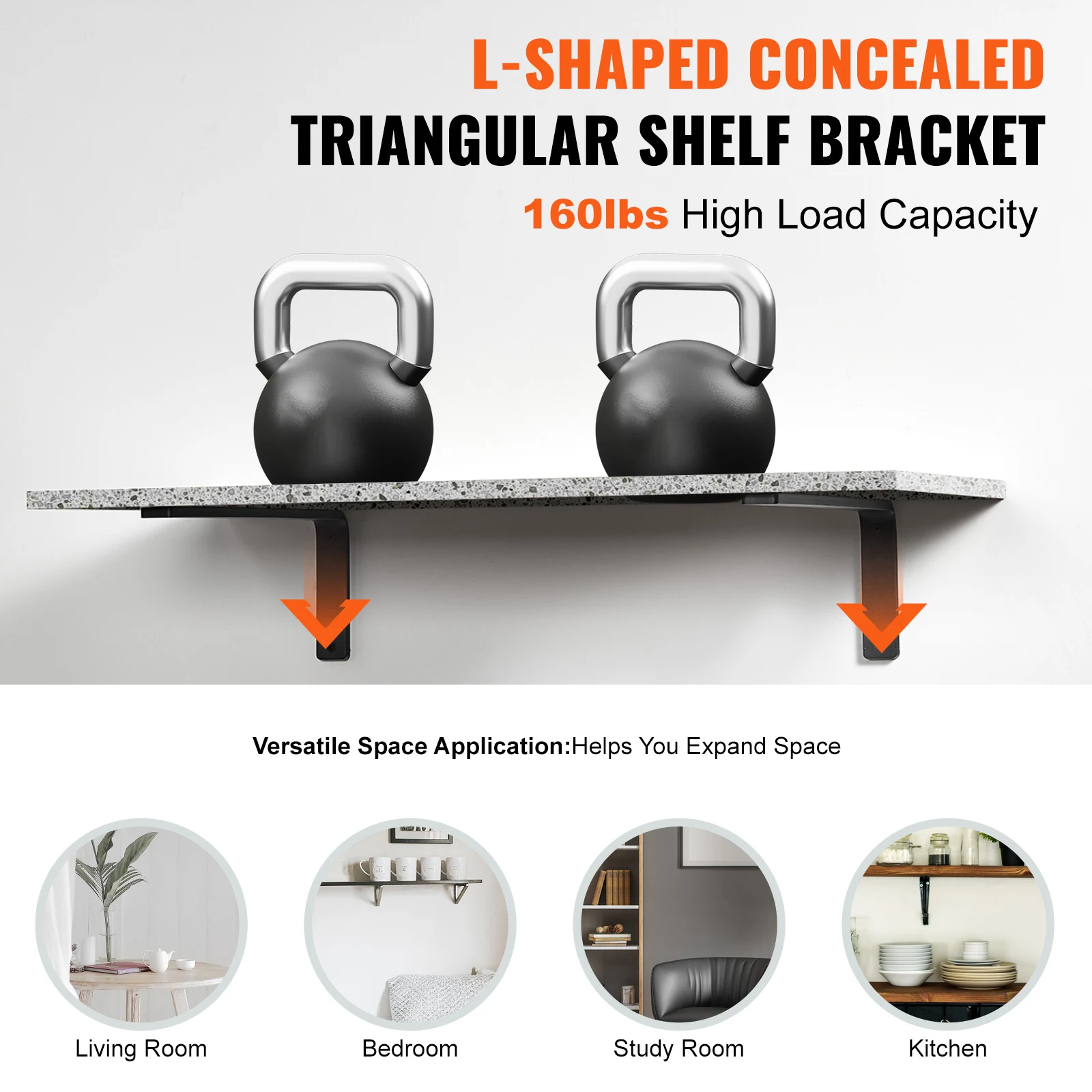 Shelf Bracket, 16 x 6 in 4 Pcs, 10mm Thick Matte Black L Shelf Bracket, Steel Shelving Brackets with 160 lbs Load Capacity, Heavy-Duty Floating Shelf Brackets, Brackets for Shelves