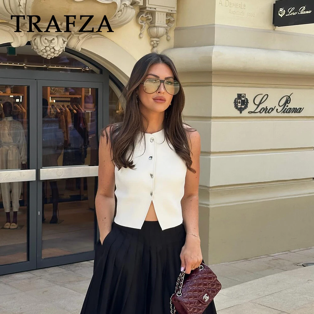 TRAFZA 2024 wiosna lato Casual kobiety moda bluzki z dzianiny Vintage jednokolorowa bez rękawów bez rękawów elegancka damska topy z guzikami